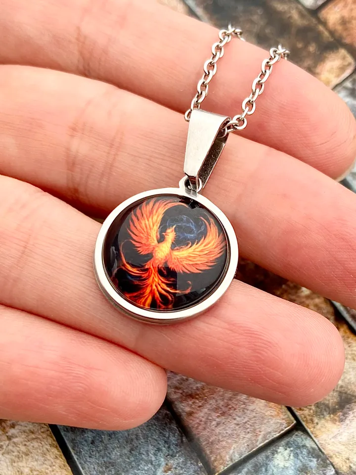Phoenix necklace, steel pendant with glass, Fire bird, Fantasy jewelry lover