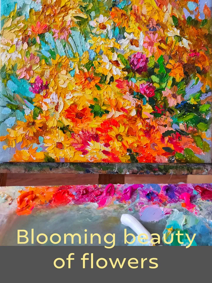 Painting "Daisies" Flowers Artwork Oil Impasto Palette knife Canvas on stretcher 12 by 12 inches Author: Nata_Lena_Art