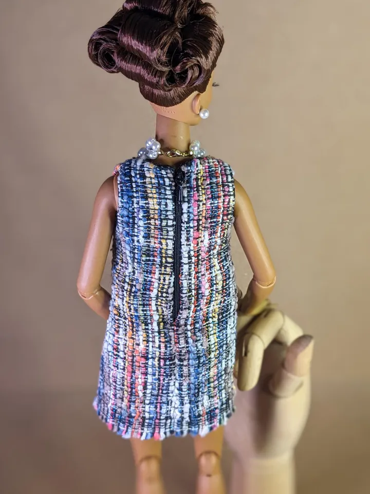 Handmade checked black & blue bouclé mini dress for 16-inch Fashion Royalty dolls (FR16)