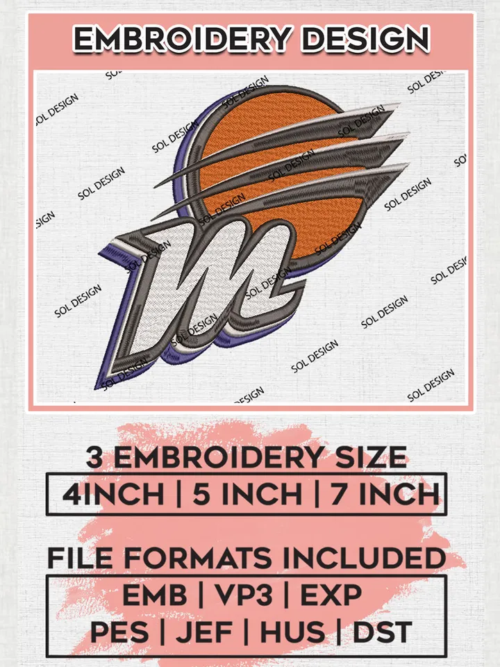 WNBA Phoenix Mercury Embroidery Designs, WNBA Phoenix Mercury Team Logo Embroidery, Basketball Team Logo Emb Files, Taylor Album, 3 sizes, Machine embroidery Files, Digital Download