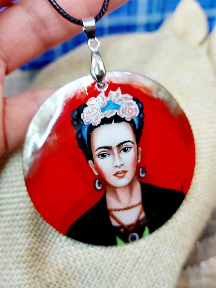 Russian jewelry: Red Self-portrait by Frida Kahlo on statement pendant. Fedoskino art painting on mother of pearl necklace. Gift for sister