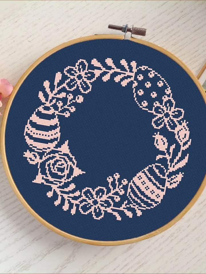 Easter wreath cross stitch pattern download PDF Easter eggs cross stitch chart, Small beginner embroidery PDF, Happy Easter cross stitch #T1