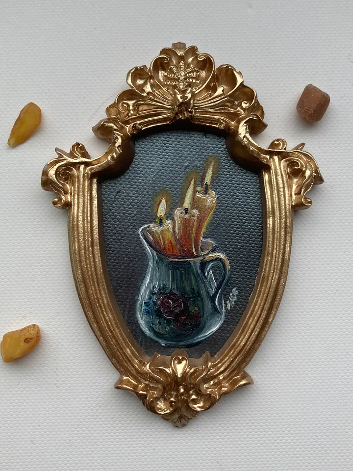 Candle Oil Painting Original In Vintage Style Frame Small Framed Still Life Art