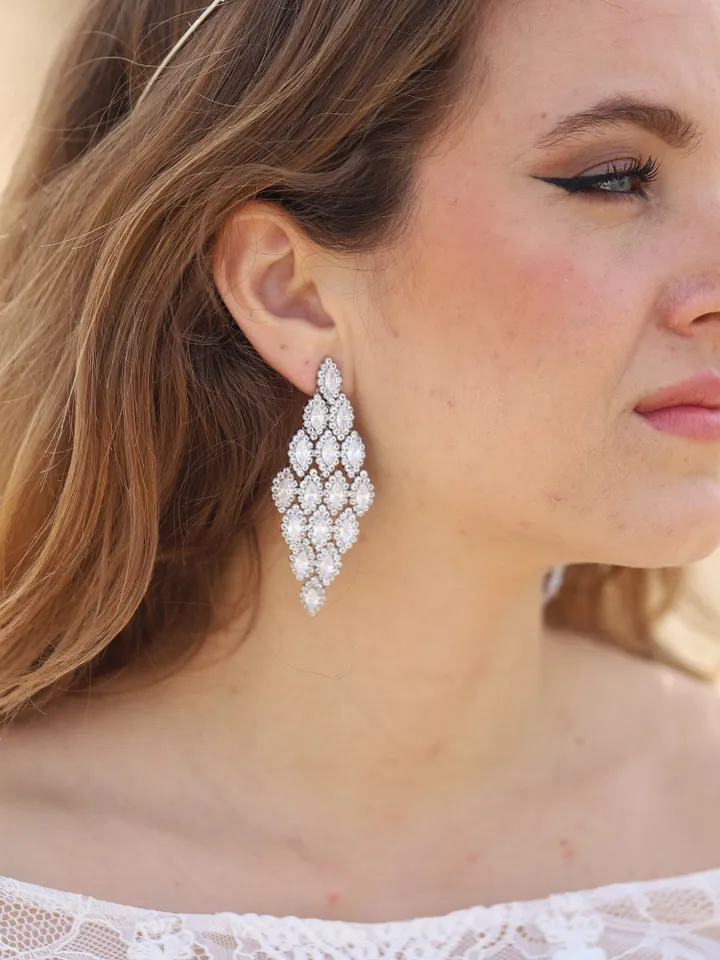 Long Swarovski Crystal Wedding Earrings, Cubic Zirconia Wedding Jewelry, Vintage CZ Wedding Earrings, Chandelier Statement Bridal Earrings
