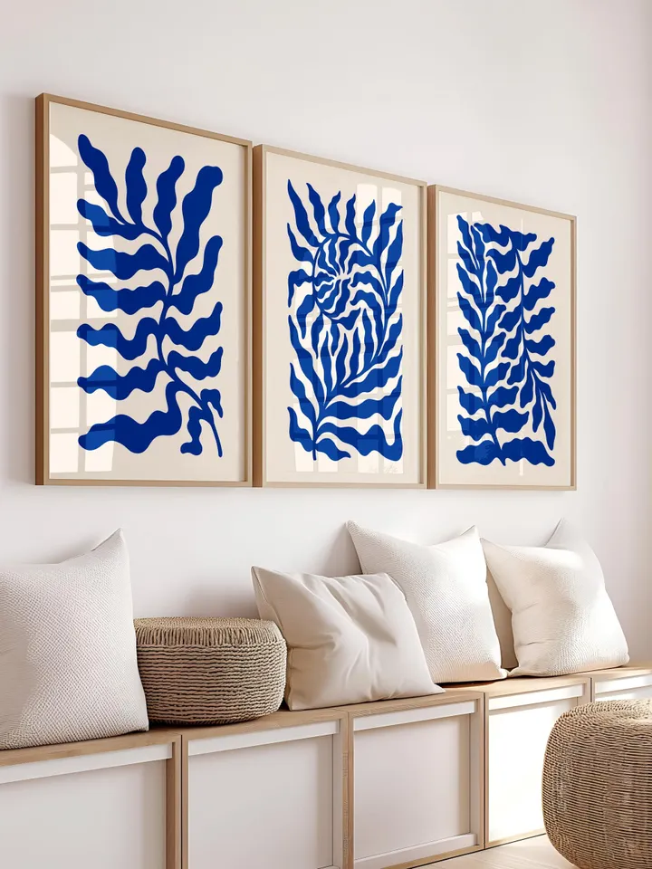 Abstract Blue Leaf Wall Art, Modern Boho Botanical Prints, Minimalist Gallery Set, Digital Download, Printable Home Décor, Set of 3 Prints