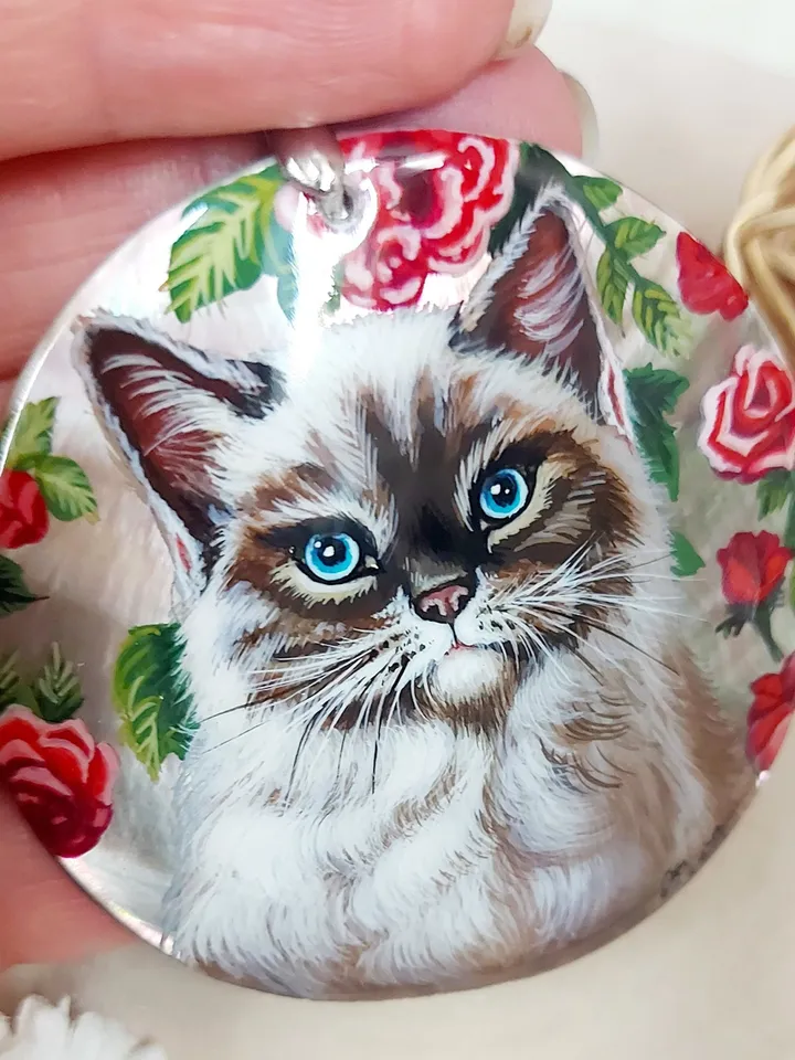 Mother-of-pearl Russian hand-painted necklace pendant "Cat in Flowers" Hand paint necklace pendant Cat pendant