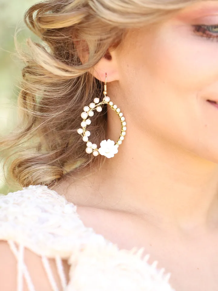 White Rose Earrings, Flower Hoop Earrings, Gold Bridal Earrings, White Floral Earrings, Wedding Earrings, Statement Wedding Earrings Jewelry