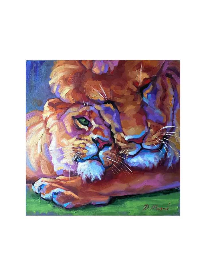 Lion And Lioness Painting Original African Animal Artwork Oil On Canvas 16x16 Inch Wildlife Wall Art