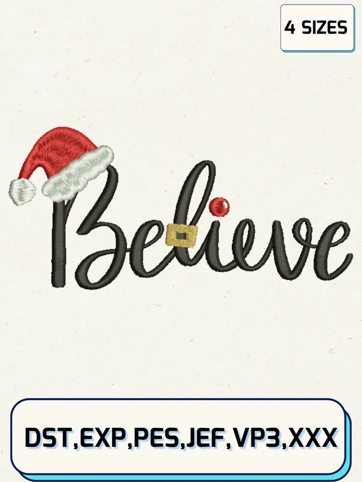 Believe Christmas Embroidery Designs,Christmas Embroidery Designs,Machine Embroidery Files,4 Sizes