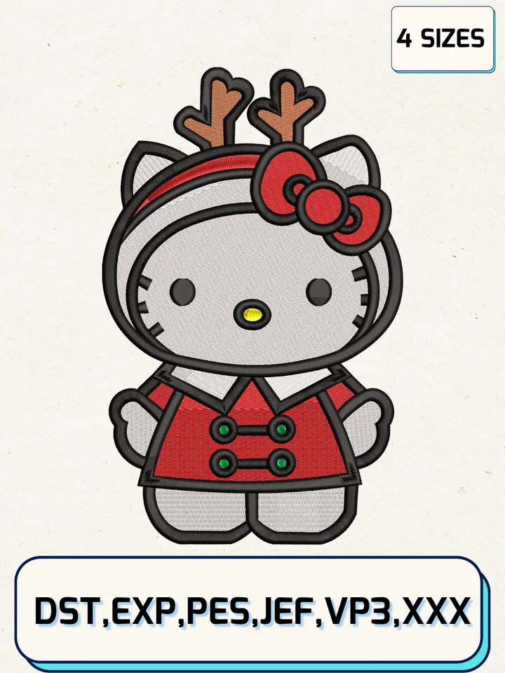 Hello Kitty Reindeer Christmas Embroidery Design,Christmas Embroidery Designs,Machine Embroidery Files,Hello Kitty Embroidery Design,4 Sizes