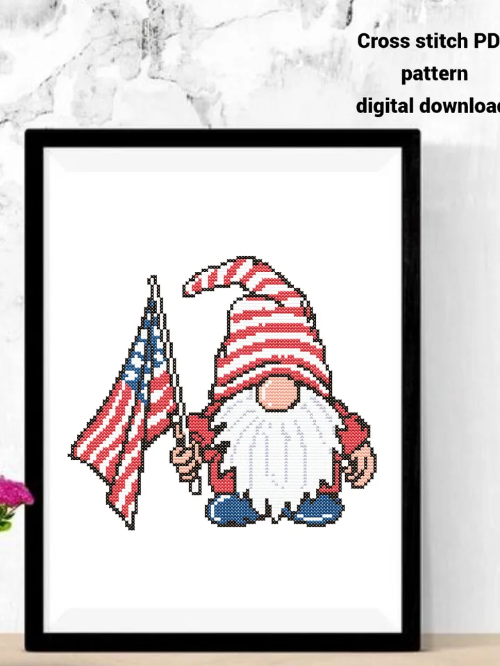 Patriotic Gnome cross stitch PDF pattern, Flag USA embroidery design, Independence Day, Instant download