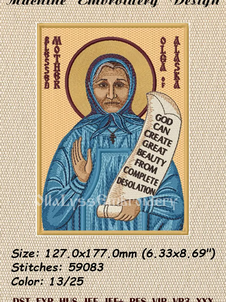 Saint Olga of Alaska 5x7 machine embroidery design