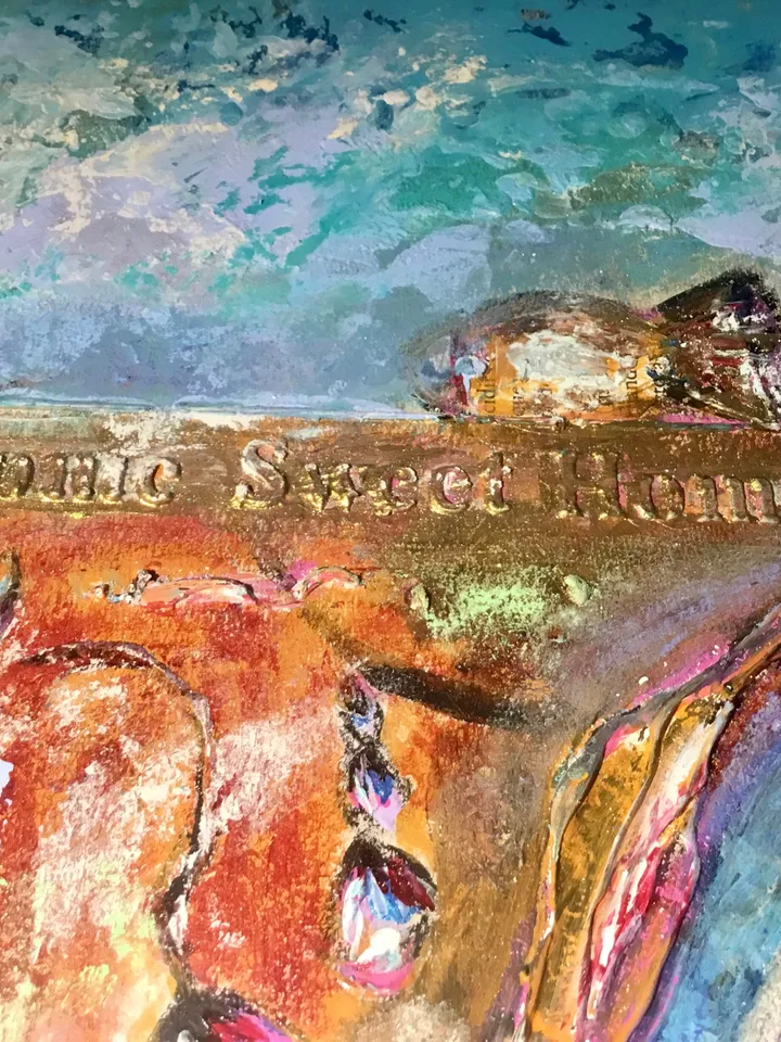 Fish town,original acrylic mix media fantasy painting ,collage wall art,fantasy town painting on cardboard,wall decoration.