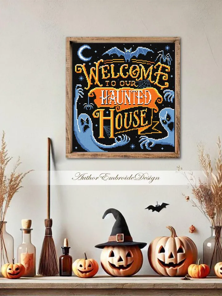 Halloween quotes cross stitch pattern download PDF Spooky ghost cross stitch chart Welcome to our haunted house, Halloween cross stitch #H81