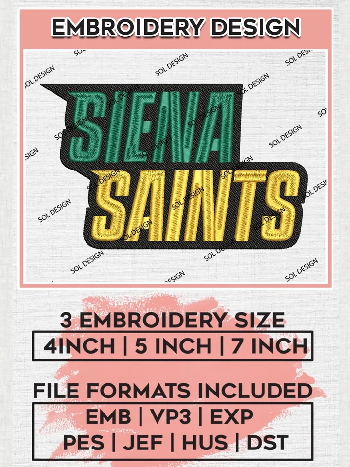 Siena Saints Team Word Logo Embroidery Design Files, NCAA Siena Saints Machine Embroidery, NCAA Teams, 3 sizes, NCAA Machine embroidery designs, Digital Download