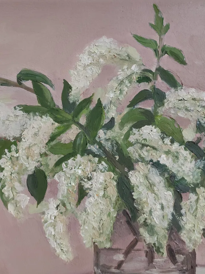Oil painting "Still life with bird cherry blossoms"