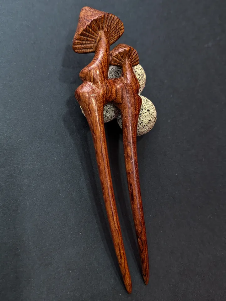 Carved wooden hairpin with mushrooms. Handmade hairpin from African bubinga wood.
