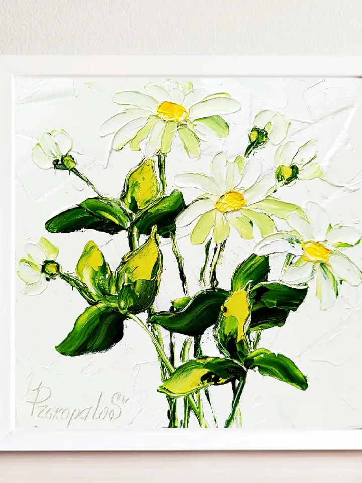 Daisy Painting Monochrome Original Art Impasto Oil Painting Daisy Flower Small Wall Art by ArtProkopaloSv