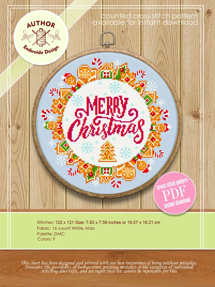 Merry Christmas cross stitch pattern download PDF Gingerbread wreath cross stitch chart Christmas pattern digital DIY Christmas decor #N23