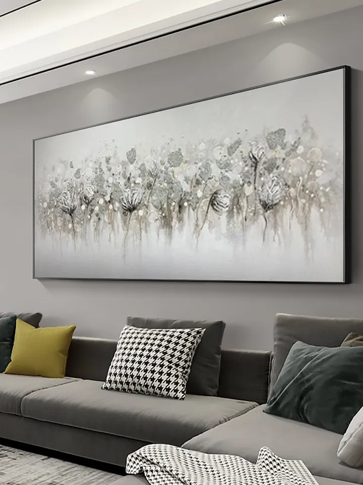Abstract Blossom Floral Oil Painting on Canvas, Large Original Textured White Grey Poppy Bouquet Acrylic Painting Living Room Wall Art Decor