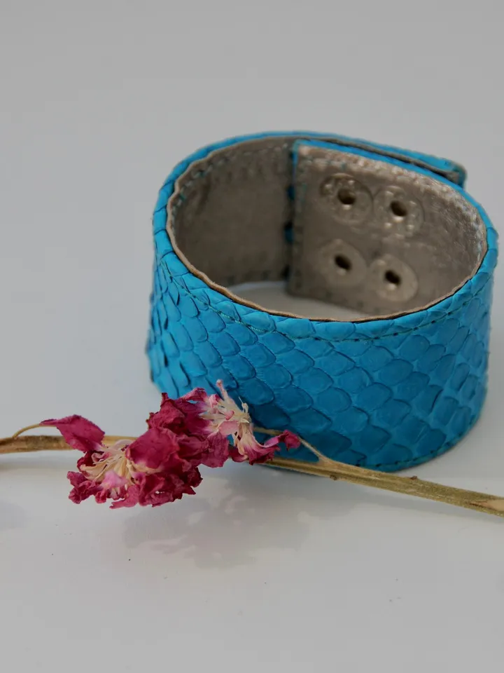 Genuine Python Skin Bracelet Flat Blue Turquise Leather Bracelet | Handmade Leather Bracelet | Leather Bracelet Woman | Leather Bracelet