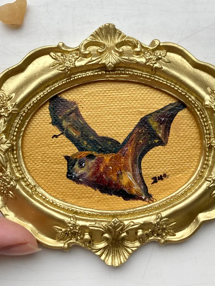 Fox Bat Painting Original Framed Small Oil Painting Gold Frame Goth Art