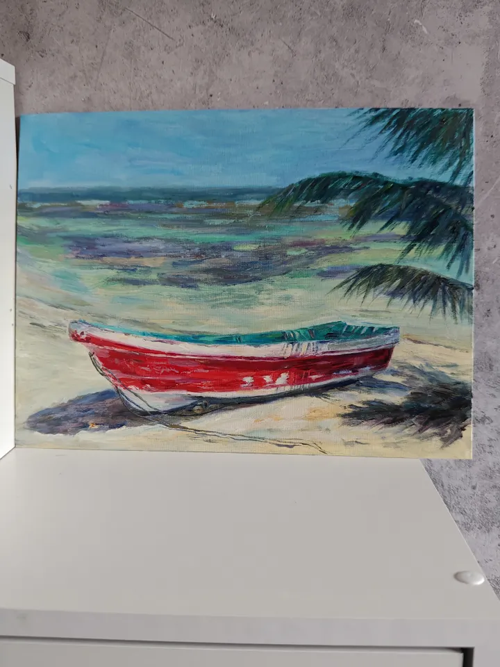 Boat oil painting beach artwork