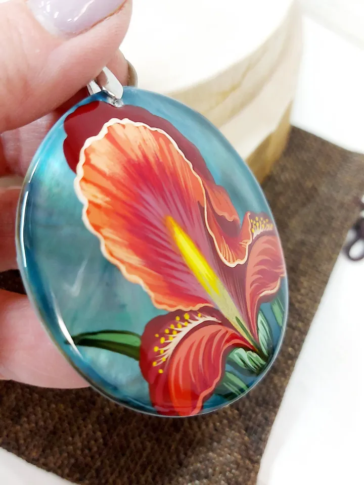 Iris. Flowers of spring. Fans of irises. Hand-painted pendant. Mother-of-pearl. A floral gift. Hand painted miniature painting. Miniature