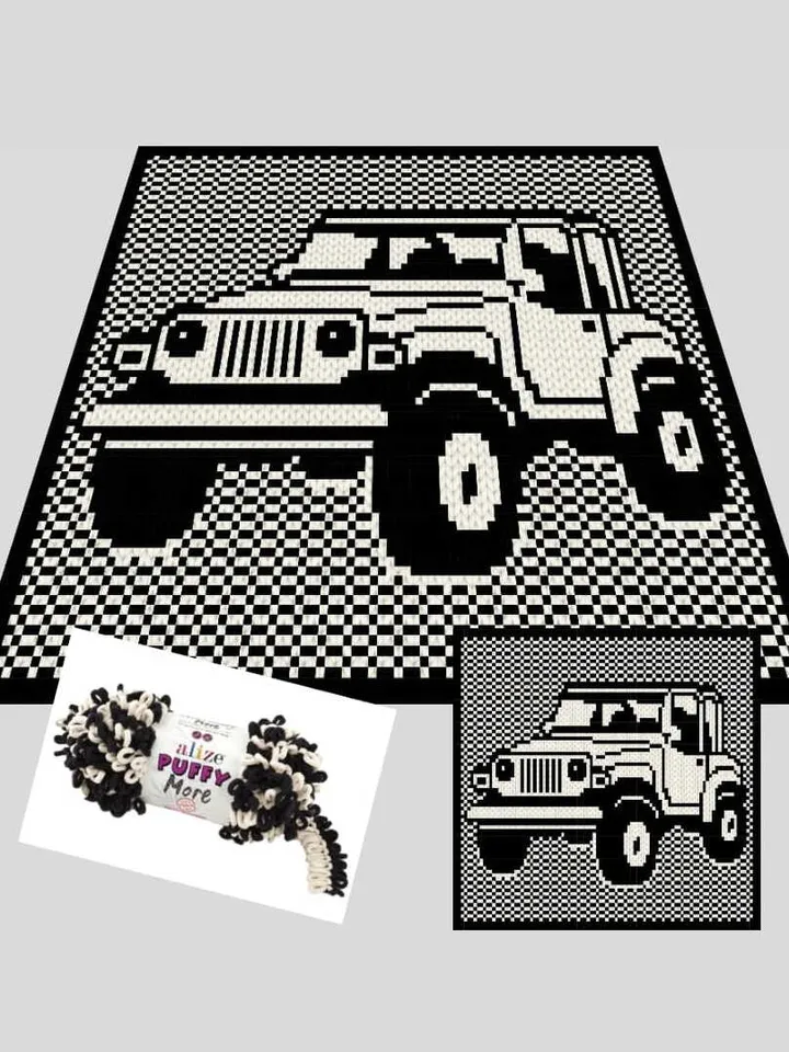 Loop yarn Finger knitted Jeep Wrangler blanket pattern