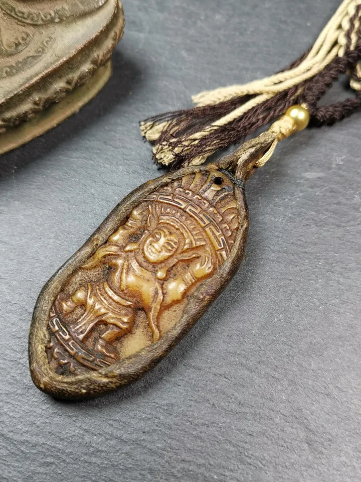 Mysterious Tibetan Buddha Statue Amulet,Gandhanra Old Tibetan Yak Bone Carved Pendant,70×29mm