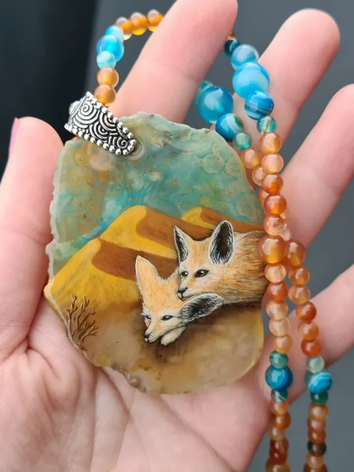 Desert fox fenech necklace with big ears Hand painted jewelry miniature painting