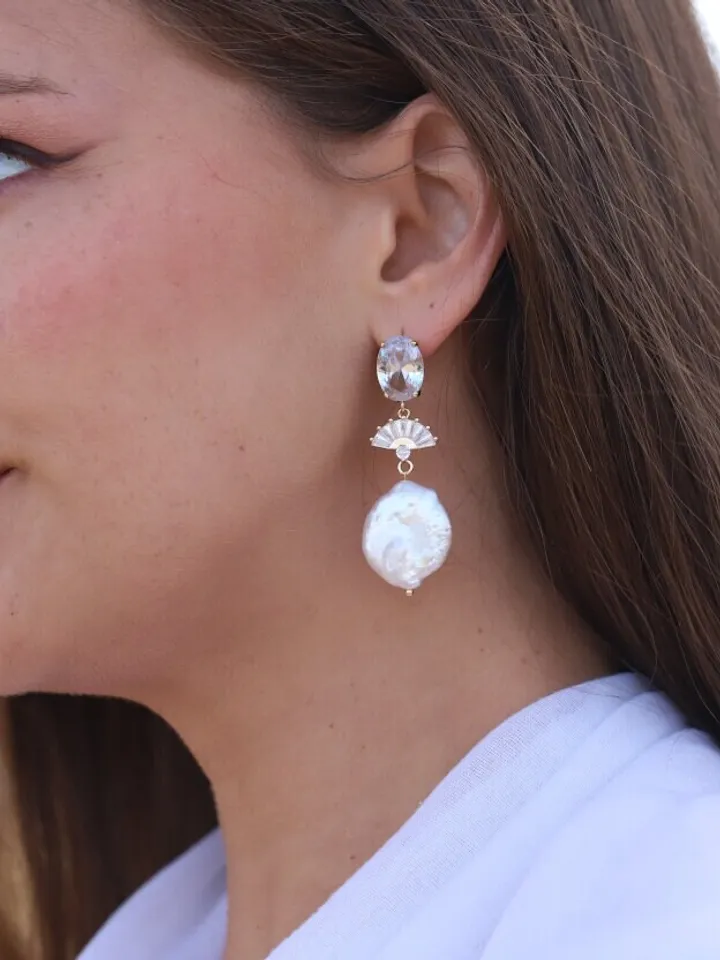 Big Baroque Pearl Art Deco Wedding Earrings, Gatsby Gold Bridal Earrings, Boho Wedding Earrings, Swarovski Statement Jewelry, 1920s Jewelry