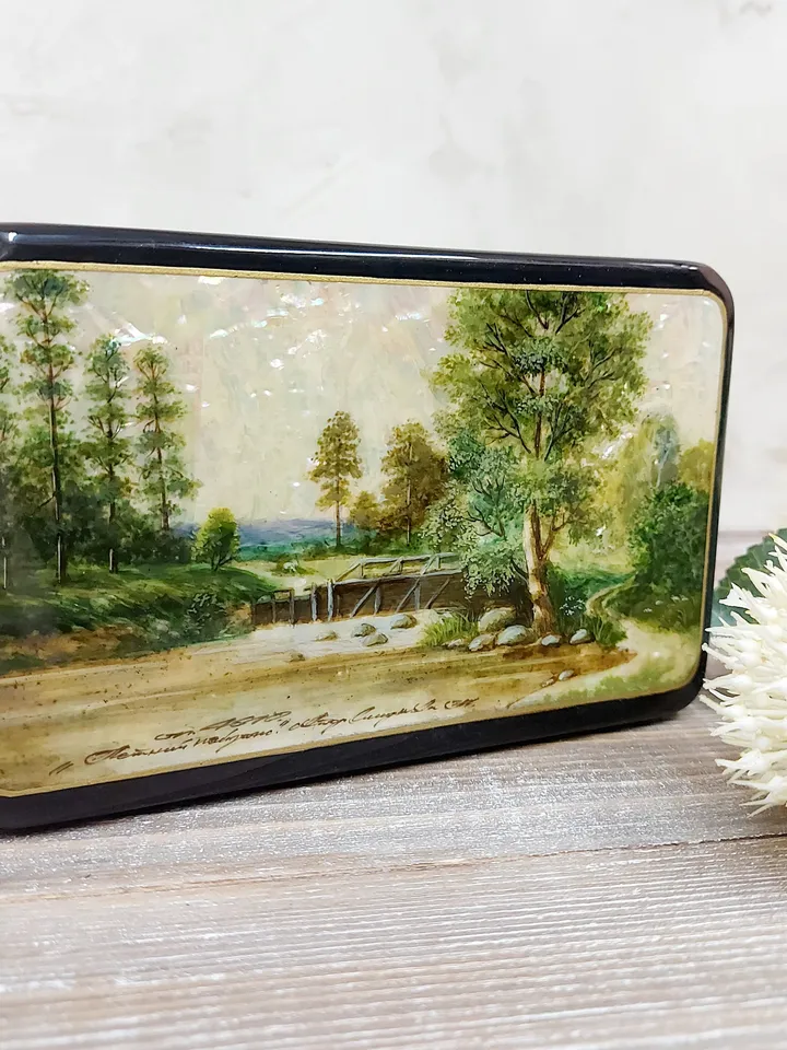 Lacquer Box "Summer landscape" Hand-painted miniature painting. Jewelry box Mother of pearl Papier-mache. Home decor. Christmas gift