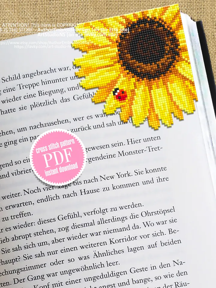 Corner bookmark Sunflower cross stitch pattern PDF download cross stitch chart, Floral bookmark pattern digital PDF Bookmark for women #B252