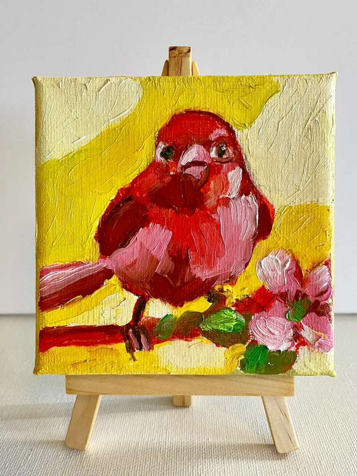 Red Summer Tanager Painting, Bird Original oil Painting on Canvas, Wildlife Art, Miniature Artwork 4"x 4"