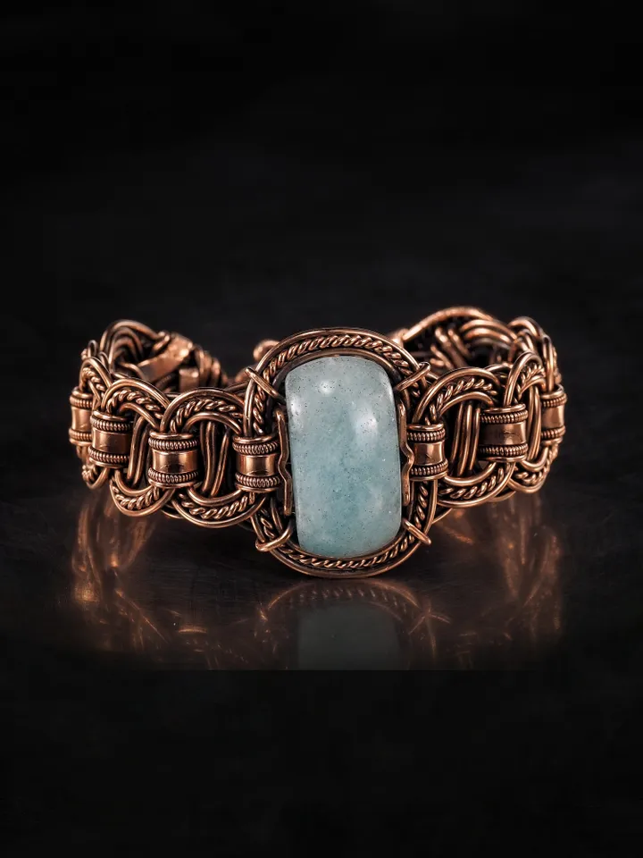 Copper wire wrapped aquamarine bracelet Unique bangle 7th Wedding Anniversary