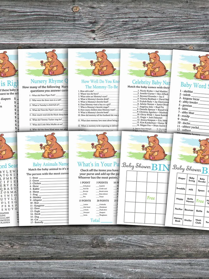 Woodland baby shower games bundle,Bear Baby Shower games package,Fun Baby Shower Games,9 Printable Games-383