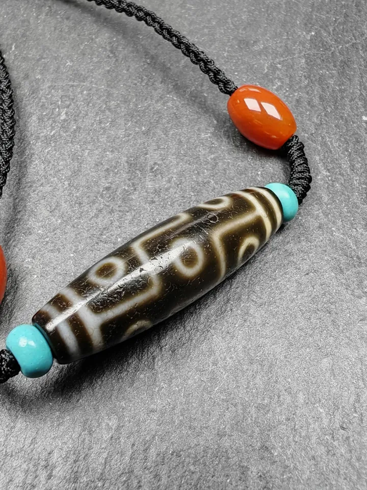 Gandhanra Vintage Tibetan 9 Eyes Dzi Bead Necklace,Protective Charm,Spiritual Gift,1.5" x 0.4"