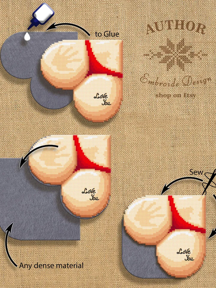 Corner bookmark cross stitch pattern PDF download, Butt cross stitch chart, Valentine bookmark digital PDF, Funny bookmark butt heart #B250