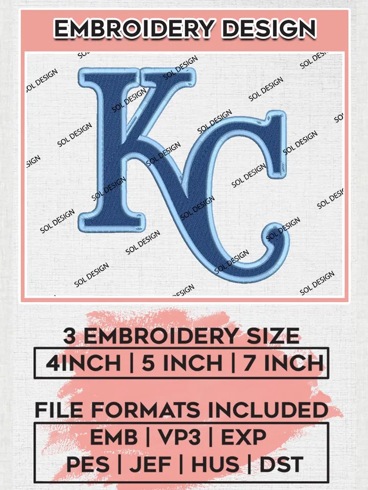 KC Word Logo MLB Kansas City Royals Embroidery Design Files, MLB Kansas City Royals Team Embroidery, NCAA Teams, 3 sizes, MLB Machine embroidery designs, Digital Download
