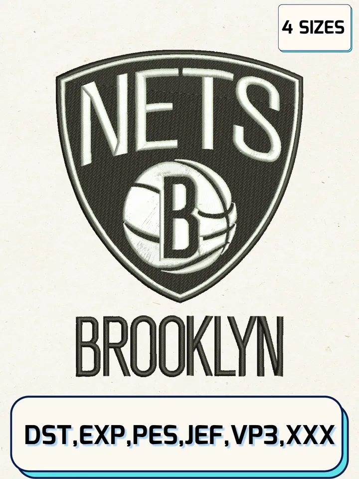 Brooklyn Nets Embroidery Design Files,NBA Logos Embroidery Designs,Machine Embroidery Files,4 Sizes