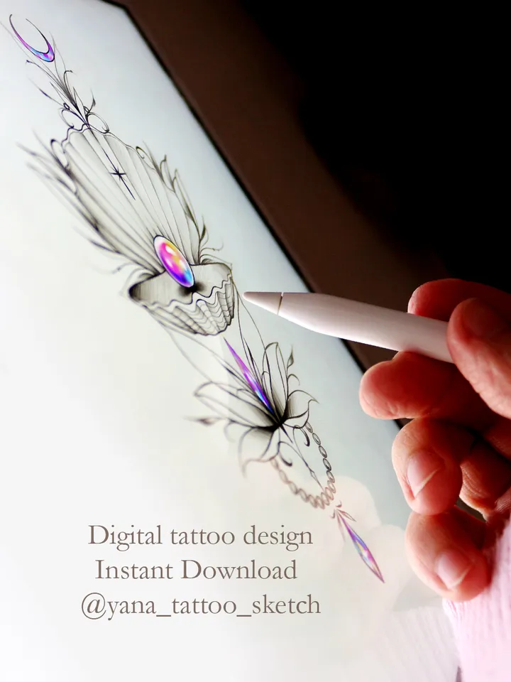 Shell Tattoo Design For Females Seashell Tattoo Idea Stencil Sketch, Instant download PDF, JPG