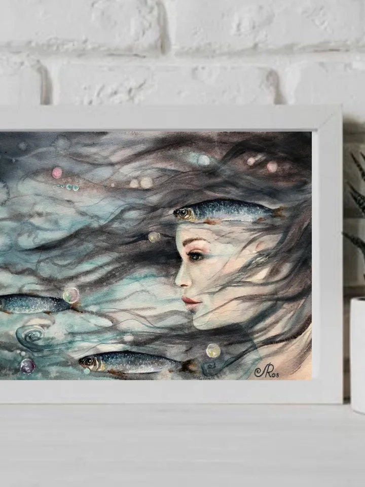 Mermaid Original Painting Woman Watercolor Artwork