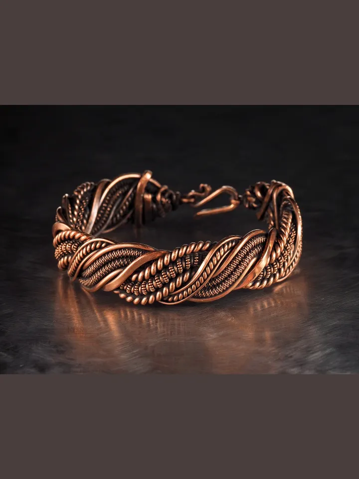 Wire wrapped bracelet, Unique 7th 22nd Anniversary gift idea, Art Nouveau antique style, One of kind braided statement bangle, Handmade oxidized pure copper jewelry, Pain relief, EMF protection