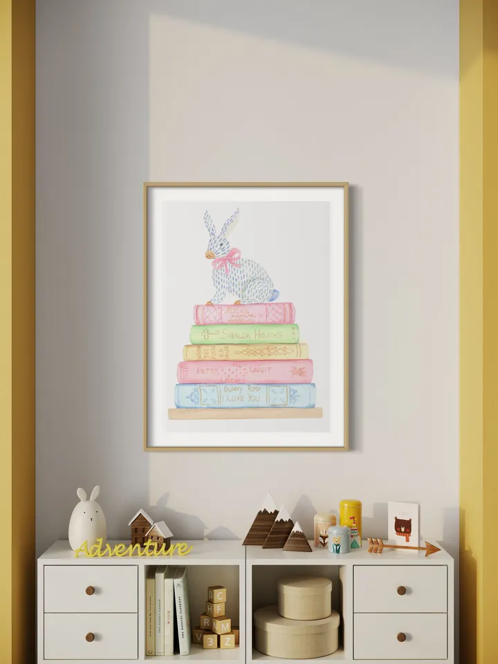 Book And Rabbit Watercolor Painting Print, Gift For Books Lover, Children Book, Book Lover Decor, Stack Of Books,Cute Baby Bunnies Art Print