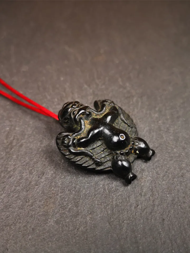 Gandhanra Hand Carved Obsidian Tibetan Amulet Garuda,Garula,Suparna,Golden-wings Bird Pendant, 1.65"