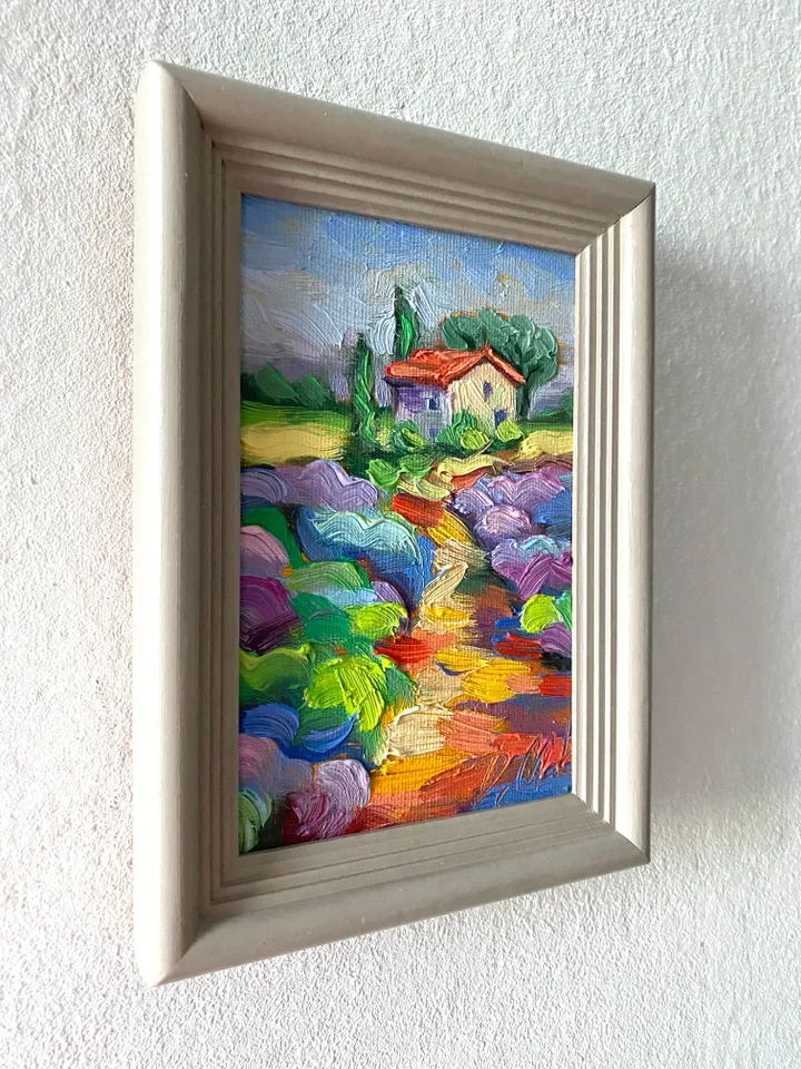 Lavender Fields Painting Tuscany Original Art Landscape Oil Painting Impasto Small Artwork 4x6 Tuscan Serenity Painting Wild Flowers