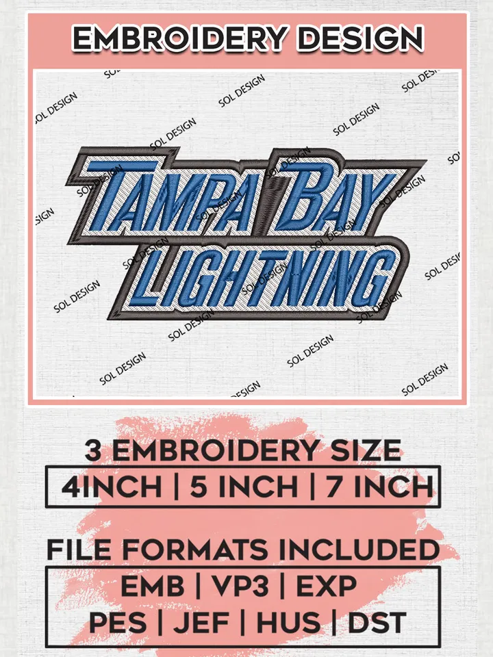 NHL Tampa Bay Lightning Team Writing Logo Embroidery Design, NHL Tampa Bay Lightning Logo Embroidery Files, Hockey Team Machine Embroidery, Machine Embroidery Design