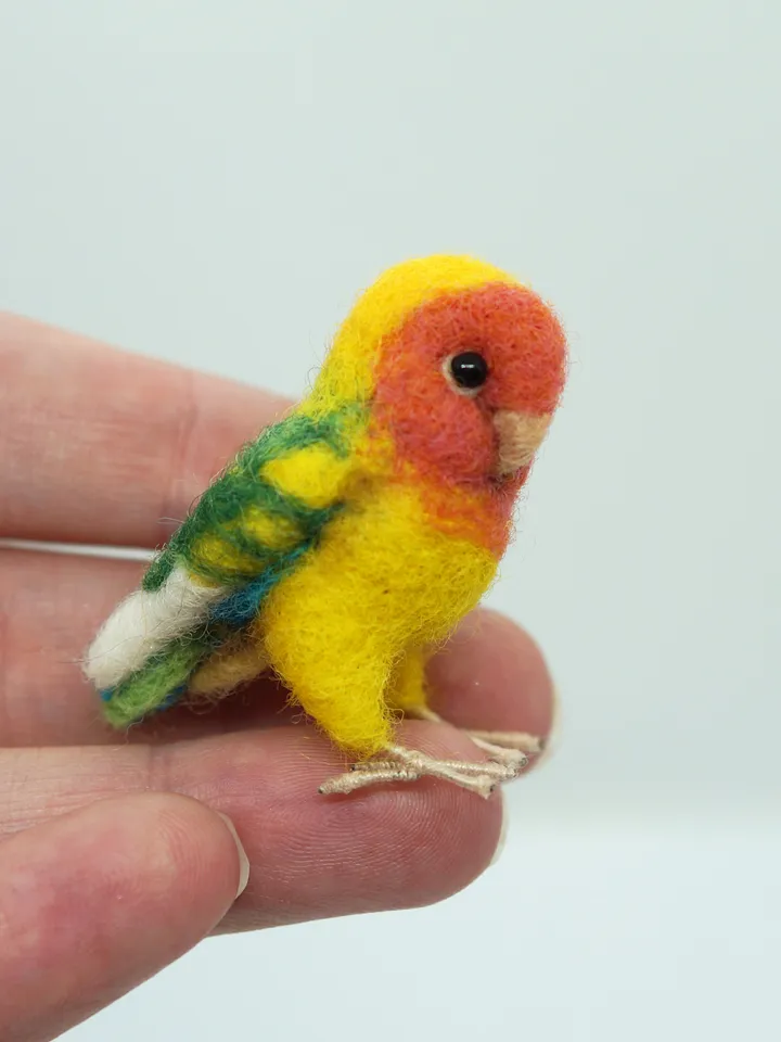 Miniature needle felted lovebird, tiny parakeet, pet portrait, peach faced lovebird, made to order