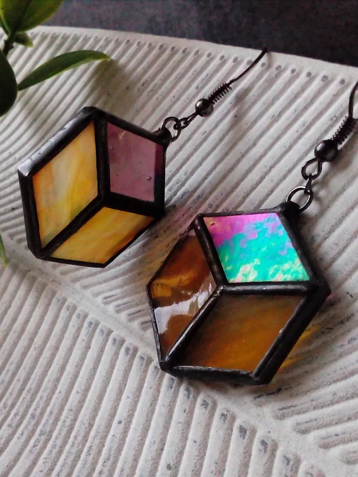 Cube hexagon geometric simple stained glass earrrings, honeycomb Iridescent earrings